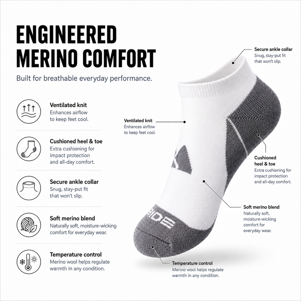 Merino Wool Ankle Socks - Running Active Thermal & Breathable Unisex