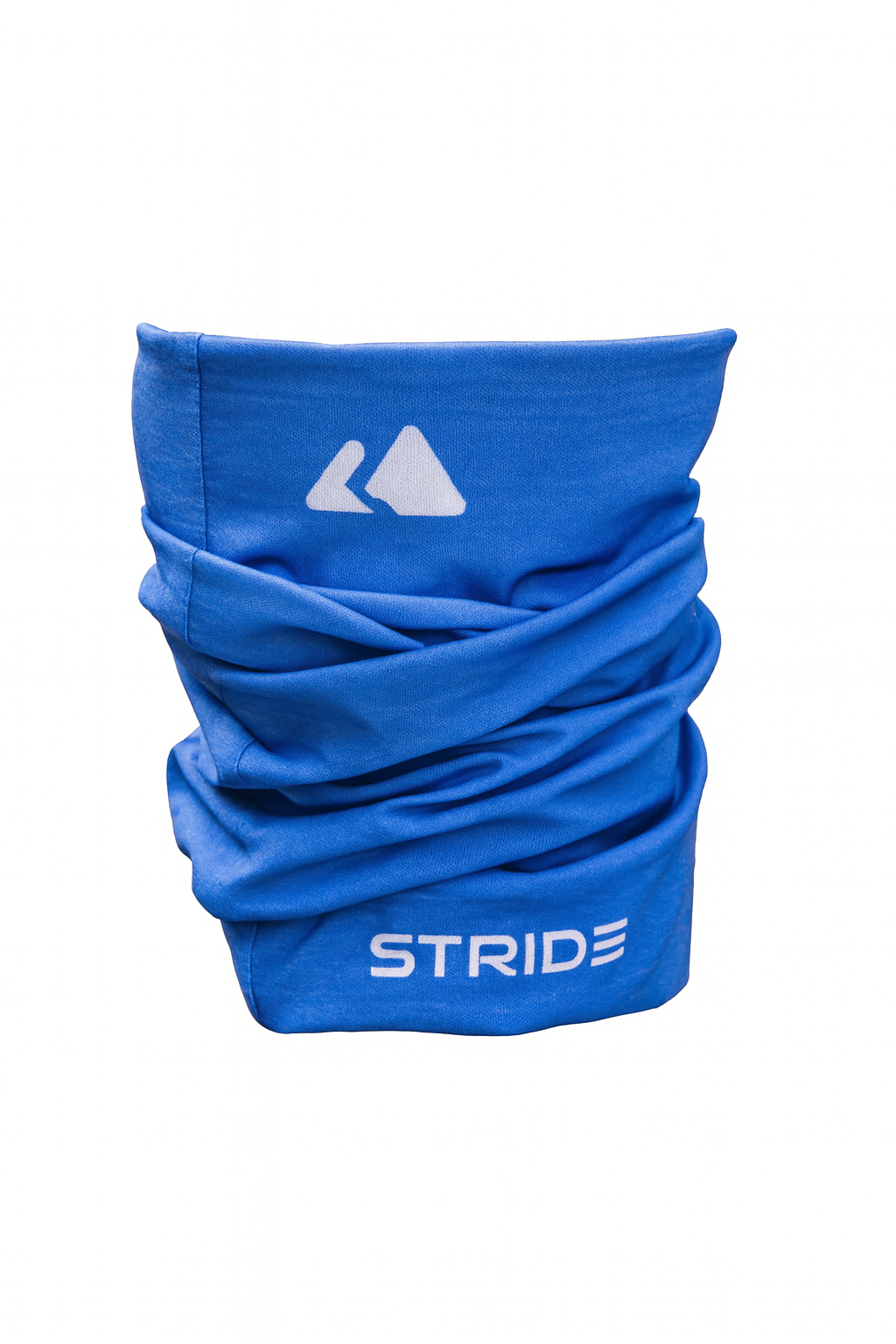 Blue neck gaiter with 'STRIDE' branding on a white background