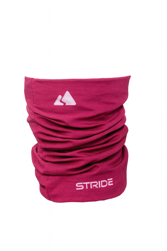 Red neck gaiter with 'STRIDE' branding on a white background