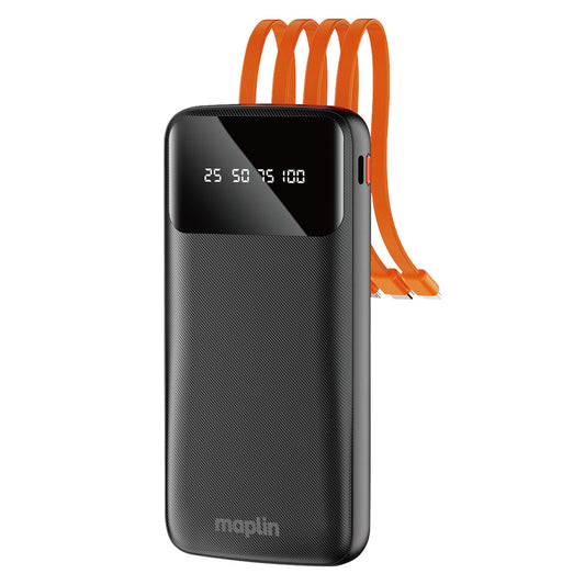 Maplin 20000mAh Portable Power Bank with Integrated USB-C, Micro USB & Lightning Cables
