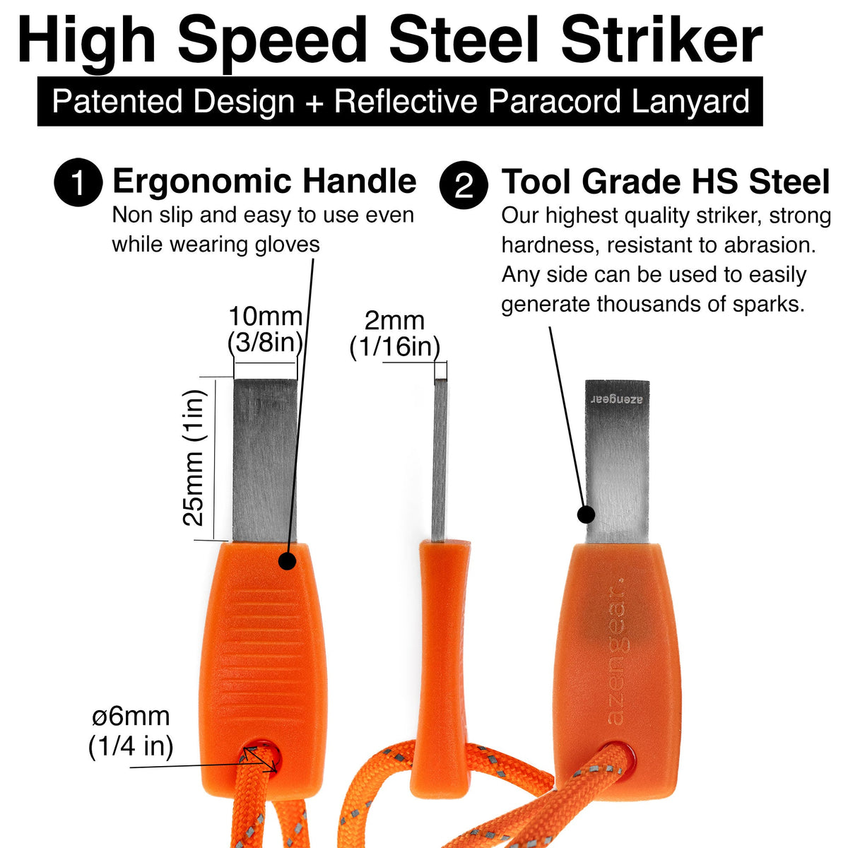 Ferro Rod Fire Starter Kit (10cm x ⌀1cm), Flint and Steel Striker, Fluorescent Paracord - 15,000 Strikes Firesteel Survival Tool for Hiking, Camping and Outdoor Emergency